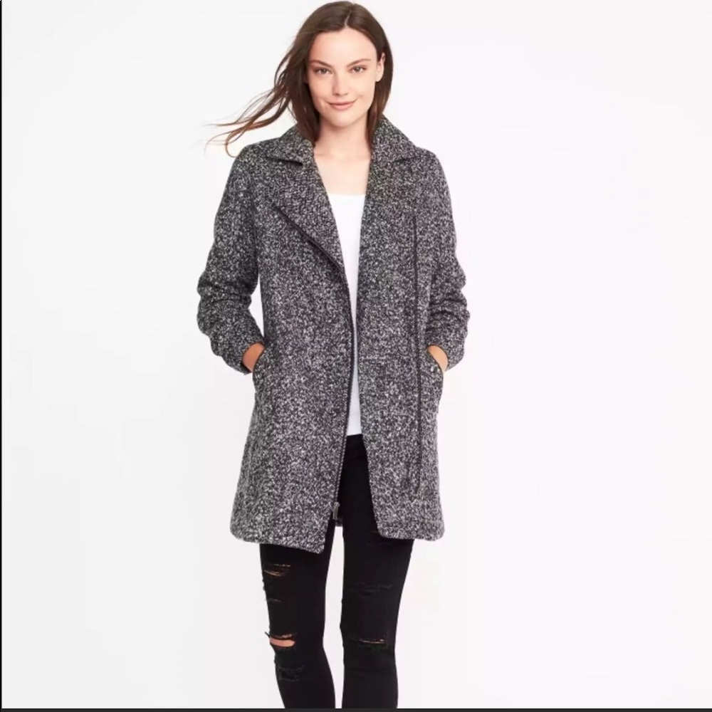 Old Navy black and white long moto jacket, XS